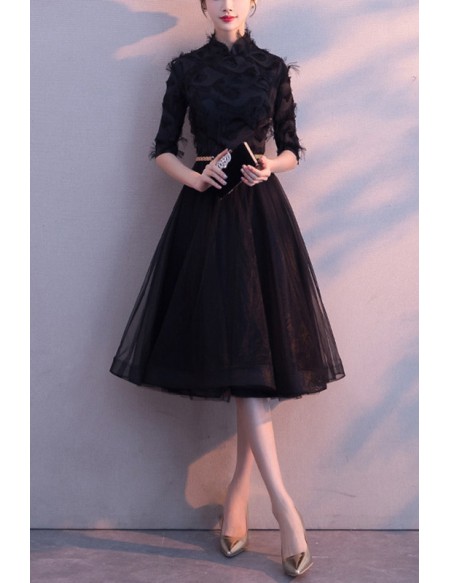 Champagne Tea Length Fall Wedding Guest Dress With Sleeves