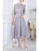 Elegant Lace Tea Length Short Sleeve Wedding Guest Dress With Turtle Neck