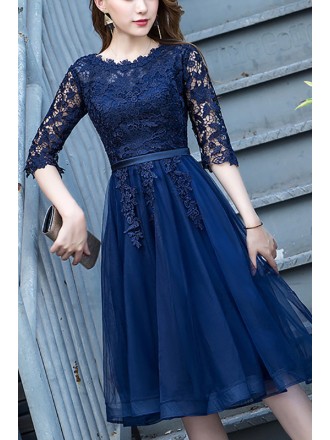 Navy Blue Lace Sleeve Homecoming Dress Knee Length