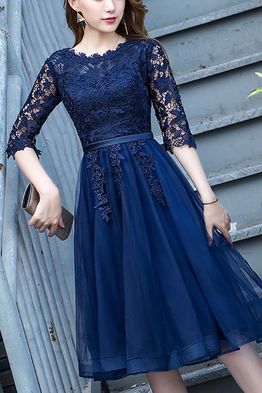 Navy Blue Lace Sleeve Homecoming Dress Knee Length #J1565 - GemGrace.com