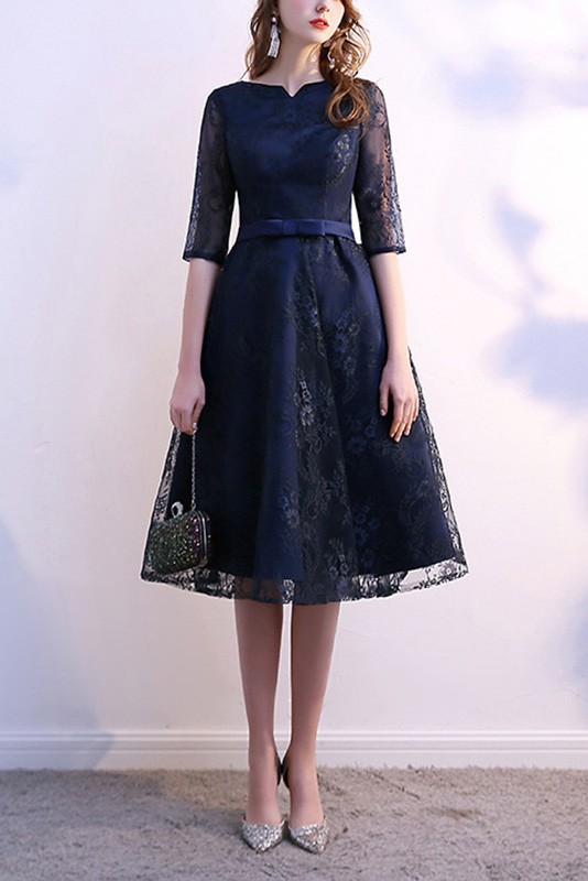 Modest Navy Blue Knee Length Wedding Guest Dress With Lace Half Sleeves ...