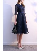 Modest Navy Blue Knee Length Wedding Guest Dress With Lace Half Sleeves