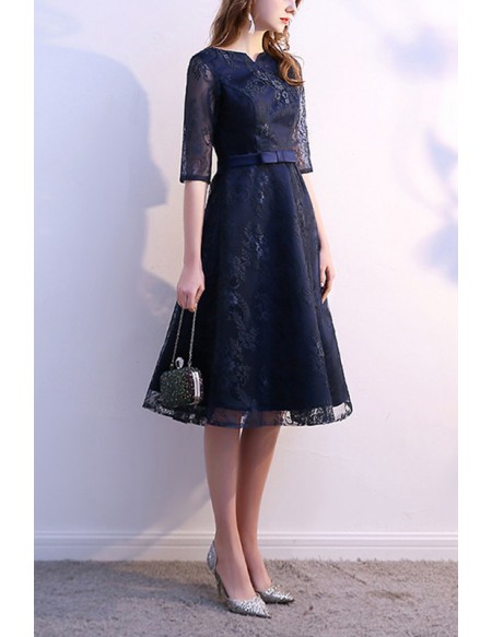 Modest Navy Blue Knee Length Wedding Guest Dress With Lace Half Sleeves