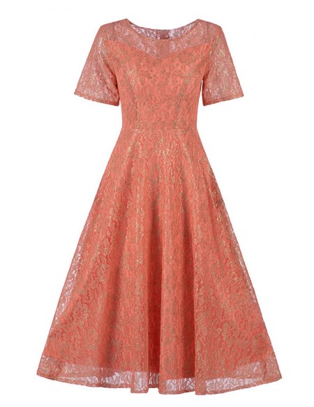 Modest Tea Length Floral Wedding Guest Dress With Short Sleeves