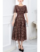 Modest Tea Length Floral Wedding Guest Dress With Short Sleeves