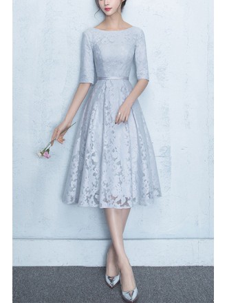 Grey Lace Aline Homecoming Dress Modest With Half Sleeves