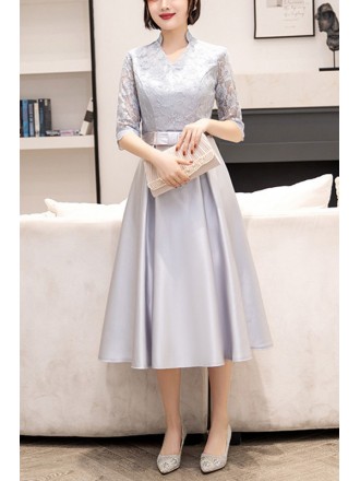 Lace Satin Tea Length Fall Wedding Guest Dress With Lace Sleeves