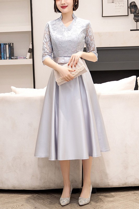 Lace Satin Tea Length Fall Wedding Guest Dress With Lace Sleeves #J1520 ...