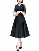 Lace Satin Tea Length Fall Wedding Guest Dress With Lace Sleeves