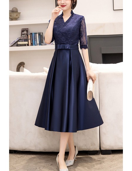 Lace Satin Tea Length Fall Wedding Guest Dress With Lace Sleeves #J1520 ...