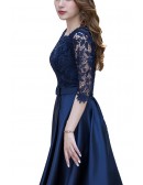 Navy Blue Lace And Satin Homecoming Dress Modest With Half Sleeves