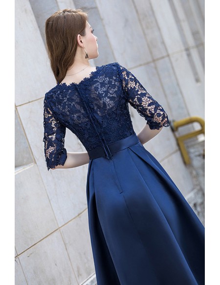 Navy Blue Lace And Satin Homecoming Dress Modest With Half Sleeves