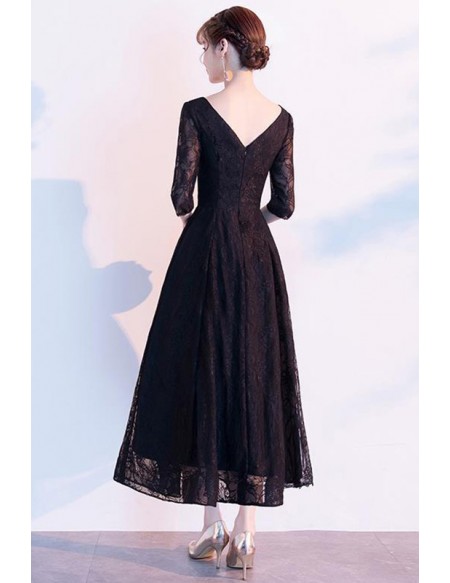 Retro Black Lace Tea Length Party Dress Vneck With Sleeves J1553 