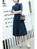 Modest Navy Semi Formal Wedding Guest Dress With Lace Turtle Neck
