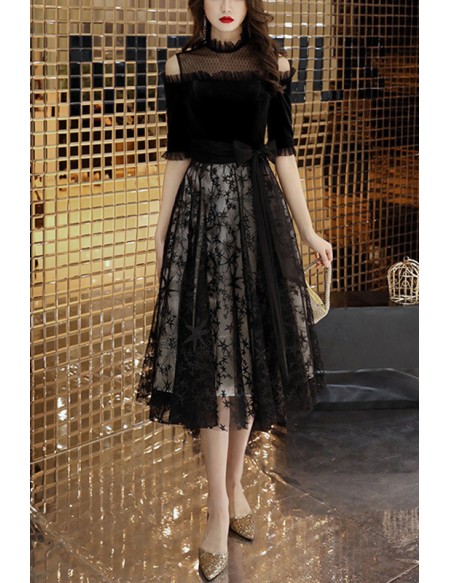 Elegant Black Lace Hoco Dress Knee Length Party Dress #J1514 - GemGrace.com