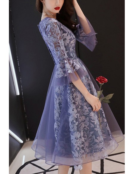 Tulle Knee Length Blue Floral Party Dress With Sleeves