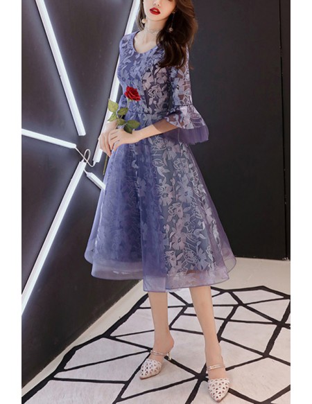Tulle Knee Length Blue Floral Party Dress With Sleeves