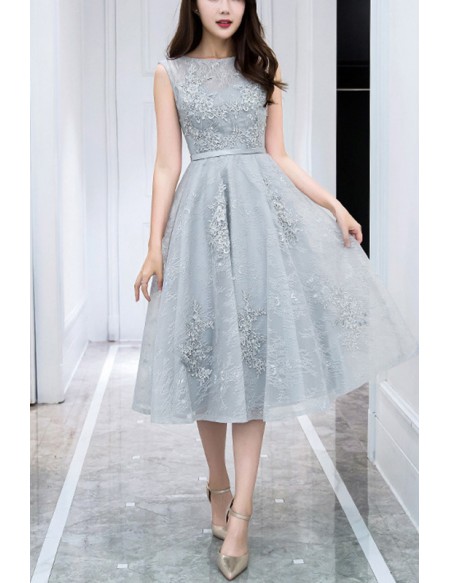 Sleeveless Grey Appliques Lace Homecoming Party Dress