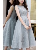 Sleeveless Grey Appliques Lace Homecoming Party Dress