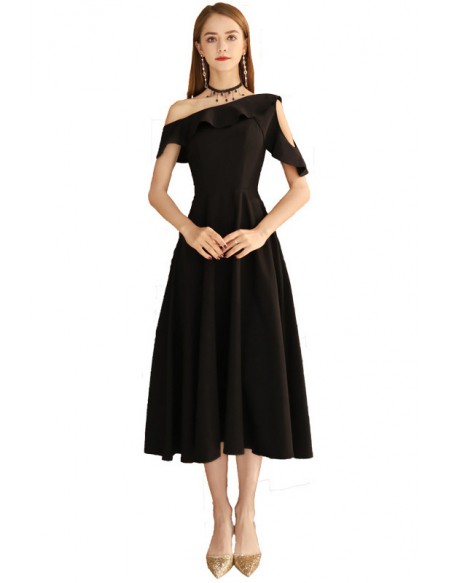 Elegant Tea Length Black Semi Formal Dress With Ruffles Shoulder #J1536 ...