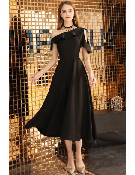 Elegant Tea Length Black Semi Formal Dress With Ruffles Shoulder