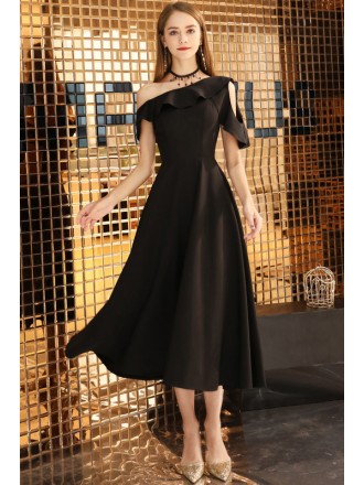 Elegant Tea Length Black Semi Formal Dress With Ruffles Shoulder