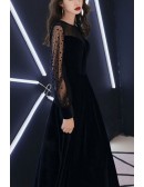 Formal Long Black Velvet Dress With Polka Dot Long Sleeves