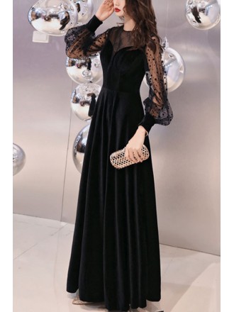 Formal Long Black Velvet Dress With Polka Dot Long Sleeves