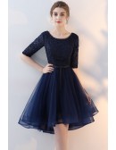 Popular Navy Blue Tulle Homecoming Dress With Lace Sleeves