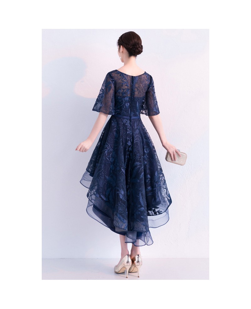 Trendy Navy Blue Puffy High Low Homecoming Dress With Sleeves #J1517 ...
