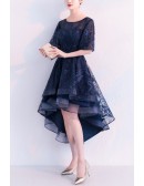 Trendy Navy Blue Puffy High Low Homecoming Dress With Sleeves