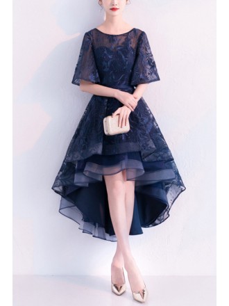 Trendy Navy Blue Puffy High Low Homecoming Dress With Sleeves