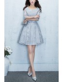 Blue Lace Sleeve Homecoming Dress Short With Sleeves