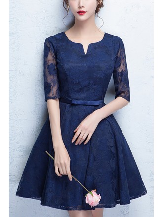 Blue Lace Sleeve Homecoming Dress Short With Sleeves