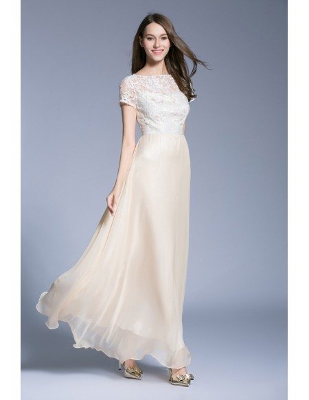 Feminine A-Line Lace Organza Long Prom Dress With Short Sleeves