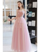 Long Tulle Ruffle Neck Pink Prom Dress With Floral Pattern