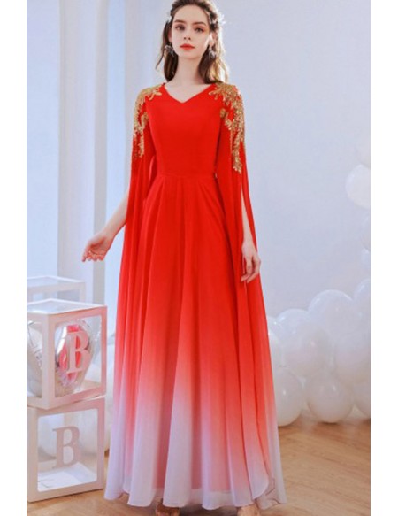 Ombre Chiffon Flowing Long Sleeves Party Dress With Gold Sequin