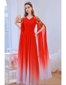 Ombre Chiffon Flowing Long Sleeves Party Dress With Gold Sequin