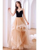 Gold And Black Shiny Tulle Prom Party Dress With Beaded V Neck