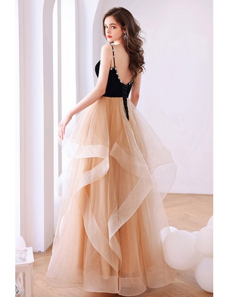 Gold And Black Shiny Tulle Prom Party Dress With Beaded V Neck
