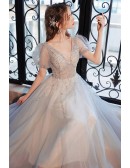 Elegant Grey Long Tulle Beaded Prom Dress With Bubble Sleeves