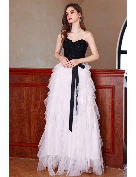 Strapless Long Tulle Black And White Party Dress With Ruffles