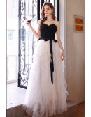 Strapless Long Tulle Black And White Party Dress With Ruffles