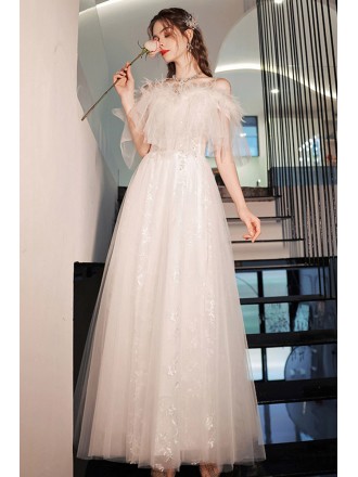 Sweety Off Shoulder Long White Lace Tulle Wedding Prom Dress With Feathers