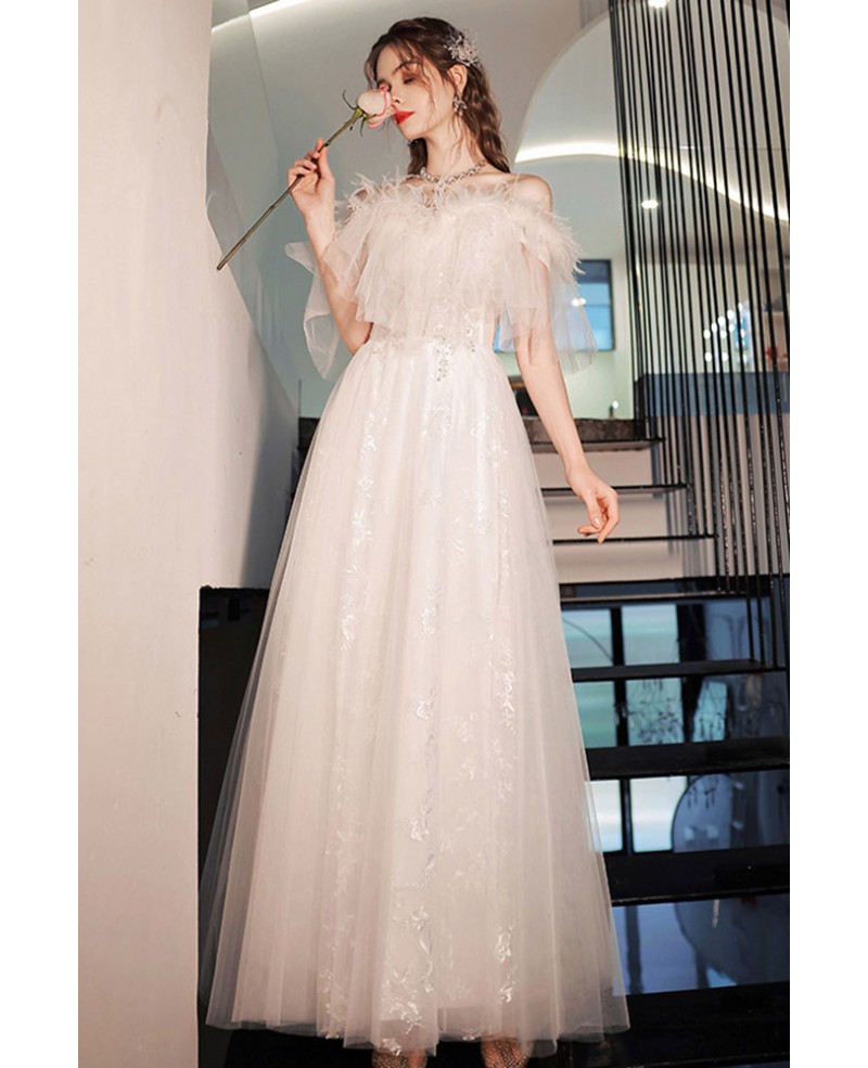 Sweety Off Shoulder Long White Lace Tulle Wedding Prom Dress With ...