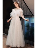 Sweety Off Shoulder Long White Lace Tulle Wedding Prom Dress With Feathers