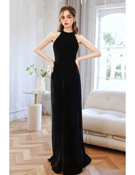 Long Halter Black Velvet Slender Formal Evening Dress With Bow Straps Back