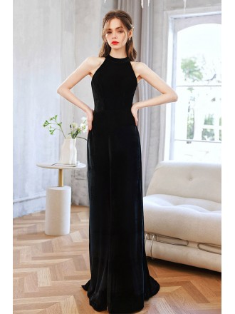 Long Halter Black Velvet Slender Formal Evening Dress With Bow Straps Back