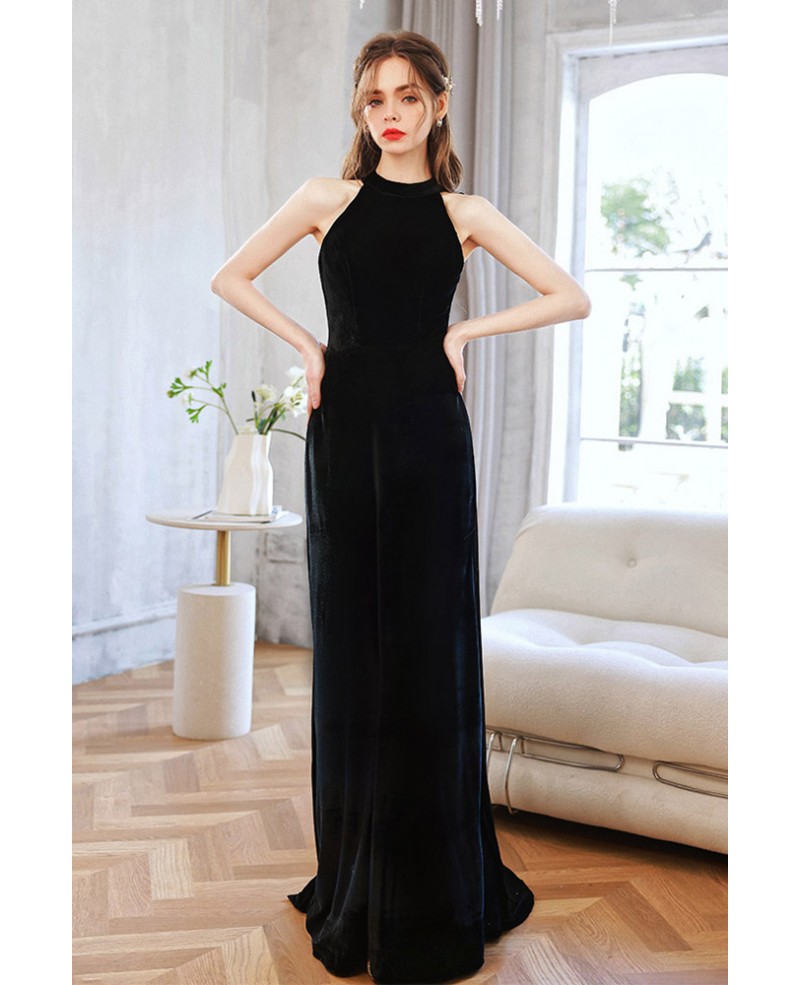 Long Halter Black Velvet Slender Formal Evening Dress With Bow