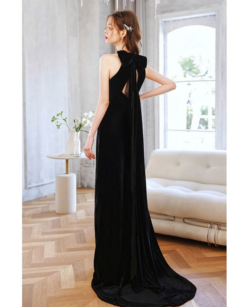 Long Halter Black Velvet Slender Formal Evening Dress With Bow Straps Back  #T21060 